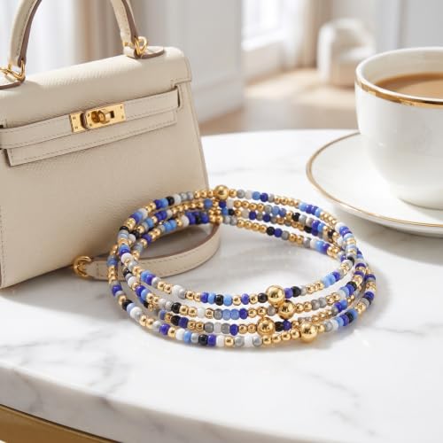 Seed Beaded Stack Bracelets Set for Women,Small Boho 4Pcs Colorful Handmade Dainty Trendy Gold Stretch Accessories Jewelry, Summer Daily Party Friendship Gift - color: Royal Blue