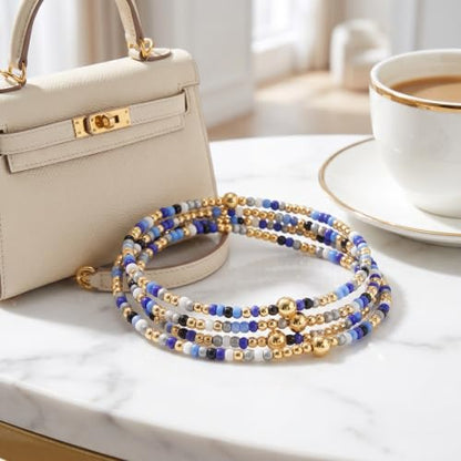 Seed Beaded Stack Bracelets Set for Women,Small Boho 4Pcs Colorful Handmade Dainty Trendy Gold Stretch Accessories Jewelry, Summer Daily Party Friendship Gift - color: Royal Blue