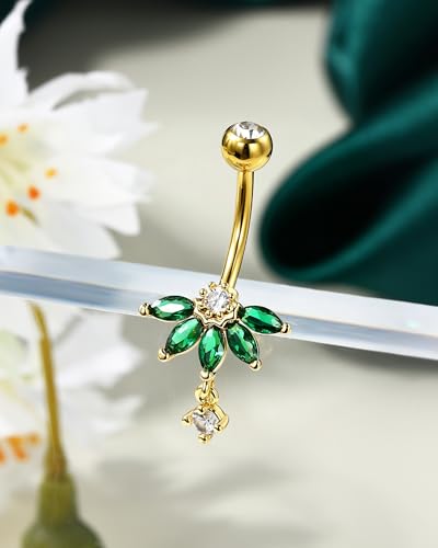 Lotus Belly Button Rings, 14G Dangle Belly Navel Rings for Women, Stainless Steel Belly Navel Piercing Jewelry - color: YGGR-10MM