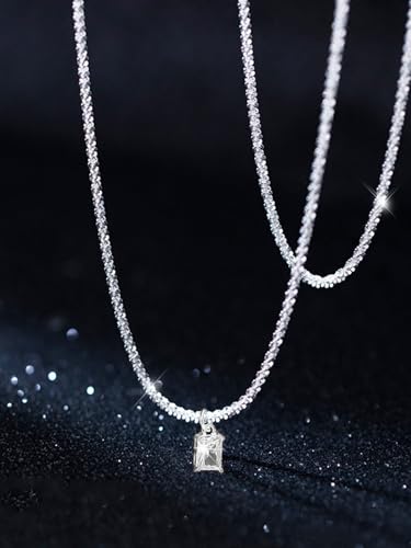 Minimal Double Layer Chain Necklace in Gold or Silver Tone, Lightweight Collar Chain for Everyday Layering - color: Silver, style: Square Pendant
