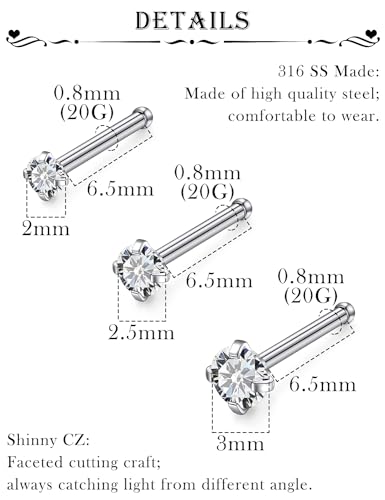 18G 20G 22G Stainless Surgical Steel Titanium Nose Rings Studs for Women L Shaped Nose Rings Screw Nose Studs Nostrial Piercing Jewelry for Women Men Silver Gold Black - style: 20G/Clear CZ/Straight/Silver