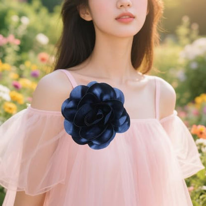 Large Rose Flower Brooches Chiffon Camellia Brooch Lapel Pins Hair Clips Hat Pins for Women Wedding Banquet Accessories Large Satin Flowers 5.5in - color: Navy Blue