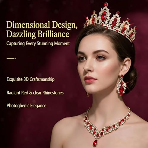 Tiaras and Crowns for Women,Tiaras Earrings Necklace, Crystal Bridal Jewelry Set - color: Gold Red