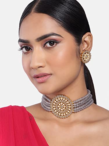 Aheli Pearl Diamond Choker Necklace & Round Earrings Gift for Women Indian Traditional Bollywood Fashion Bharatanatyam jewellery set - color: Grey