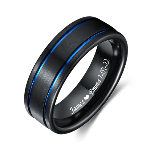 Customized Tungsten Ring for Men with Half Size 8mm Personalized black plated Rose Gold two-tone Tungsten Engagement Wedding Band Polished Finish Promise Ring Comfort Fit Size 5-14 - color: C-Black & Blue