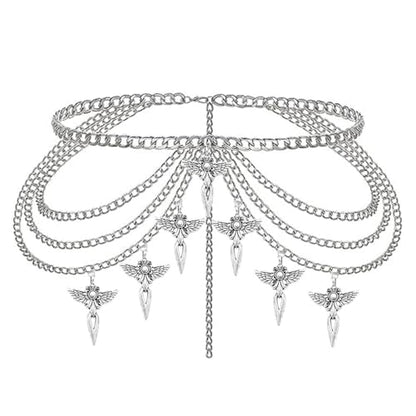 Thorn Heart Waist Chain Belt - Punk Gothic Crossover Body Belly Chains Tassel for Women Girl - color: Cross Wing