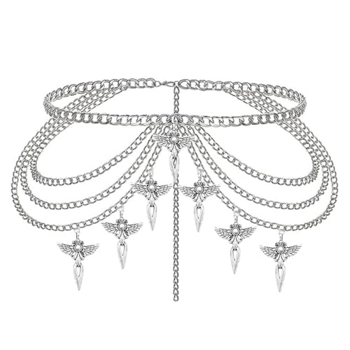 Thorn Heart Waist Chain Belt - Punk Gothic Crossover Body Belly Chains Tassel for Women Girl - color: Cross Wing