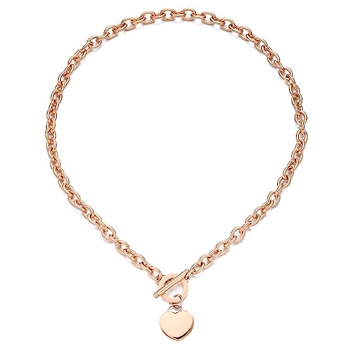 WangGao Elegent Love Stainless Steel Link Chain Blank Heart Charms Necklace for Women Toggle Clasp Closure - color: Rose Gold, size: 15.74inches