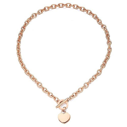 WangGao Elegent Love Stainless Steel Link Chain Blank Heart Charms Necklace for Women Toggle Clasp Closure - color: Rose Gold, size: 19.6inches