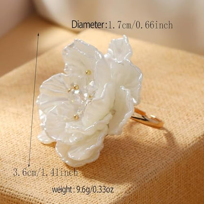 Dtja Elegant Shell Pearl Flower Statement Ring for Women Lady Artificial White Camellia Cherry Blossom Petals Adjustable Wide Wrap Rings Comfort Fit Delicate Wedding Holiday Party Jewelry