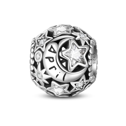 Star Moon 925 Sterling Silver Birthstone Charm for Bracelet Women Jewelry - color: April