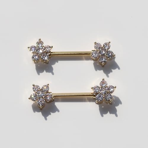 BSJ4U Nipple Piercing Jewelry 14G Stainless Steel Nipple Rings for Women Heart Butterfly Flower Bow Nipple Barbells - color: Gold Clear CZ Nipple Piercing Jewelry