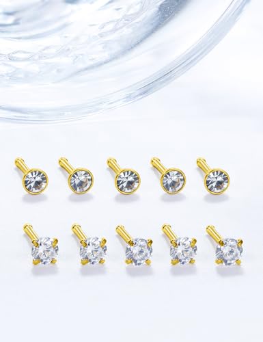 18G 20G 22G Stainless Surgical Steel Titanium Nose Rings Studs for Women L Shaped Nose Studs Screw Nose Rings Nostrial Piercing Jewelry for Women Men Silver Gold Black - style: 20G/2.5mm CZ/Straight/Gold