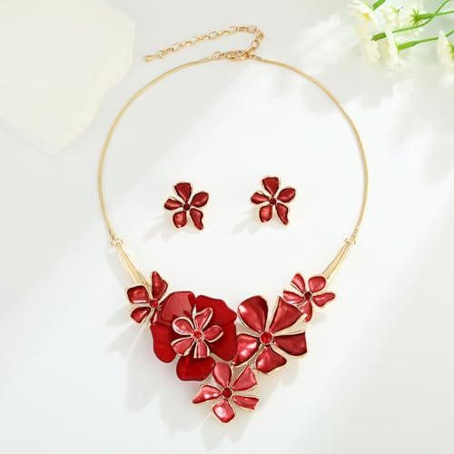 Chunky Statement Jewelry Set Vintage Retro Leaf Flower Floral Geometric Bohemian Boho Bib Necklace Earring Set Fashion Costume Jewelry for Women Girls Wedding Party Prom Unique Gift - style: 5 petal flower JS gold red
