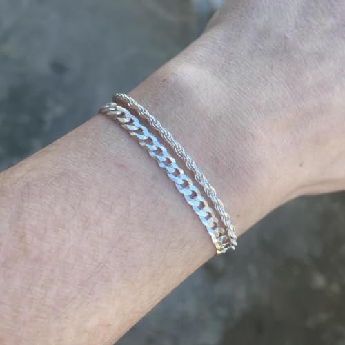 S925 Sterling Silver 6mm Cuban Link Chain Bracelets for Men,2.5mm Rope Chain Mens Bracelet Set for Men's&woman,Trendy hip-hop stacking Chain Gift Boyfriend/Girlfriend,Non Tarnish Hypoallergenic - style: Silver Rope chain + Cuban link
