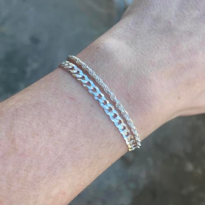 S925 Sterling Silver 6mm Cuban Link Chain Bracelets for Men,2.5mm Rope Chain Mens Bracelet Set for Men's&woman,Trendy hip-hop stacking Chain Gift Boyfriend/Girlfriend,Non Tarnish Hypoallergenic - style: Silver Rope chain + Cuban link