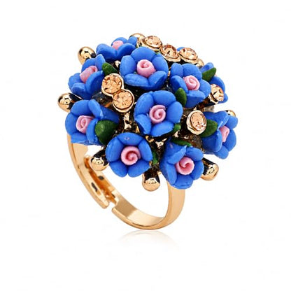 Floral Statement Ring for Women, Colorful Rose Cluster Adjustable Ring with Rhinestone Accent Fashion Jewelry Gift
