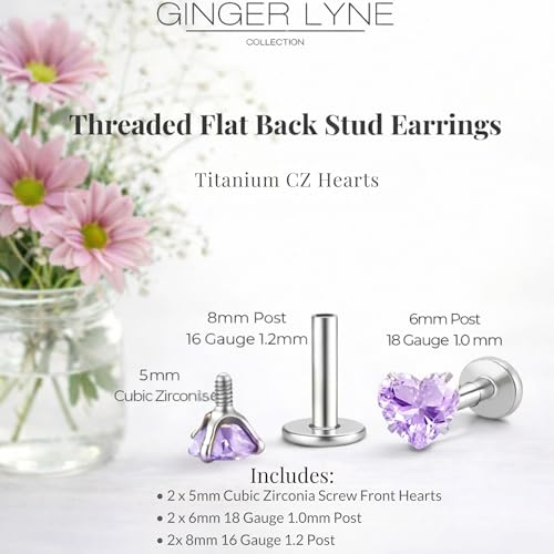 Titanium Heart CZ Labret Stud Earrings for Piercings by Ginger Lyne 6Pc Set G23 Screw Front Flat Back Body Jewelry 2 pair post 6mm, 8mm Cartilage, Helix, Tragus, Lip, Conch, Lobe - color: 5mm-LtPurple