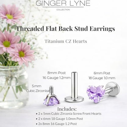 Titanium Heart CZ Labret Stud Earrings for Piercings by Ginger Lyne 6Pc Set G23 Screw Front Flat Back Body Jewelry 2 pair post 6mm, 8mm Cartilage, Helix, Tragus, Lip, Conch, Lobe - color: 5mm-LtPurple