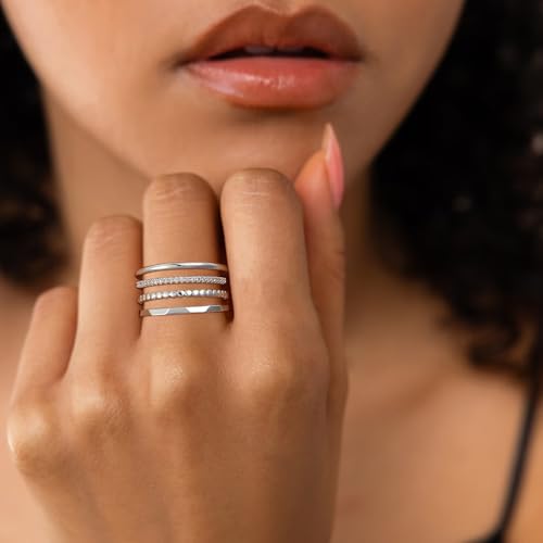 Lunvky Silver Stacking Rings for Women 14K Gold Plated Ring Non Tarnish Thin Trendy Stackable Dainty Cubic Zirconia Finger Pinky Thumb Wedding Band Rings Set Jewelry Gifts Size 5-10 - color: A-Silver, size: 10
