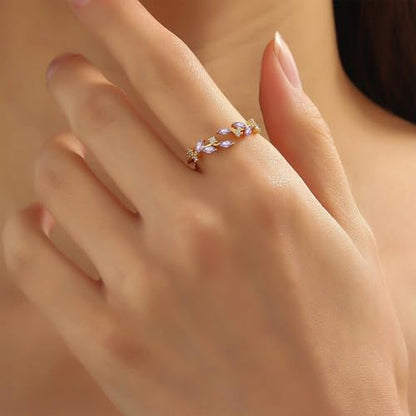 Gold Rings Non Tarnish Silver Adjustable Rings for Women Cubic Zirconia Leaf Ring Dainty Silver Stackable Ring for Women - style: purple