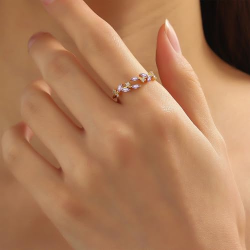 Gold Rings Non Tarnish Silver Adjustable Rings for Women Cubic Zirconia Leaf Ring Dainty Silver Stackable Ring for Women - style: purple