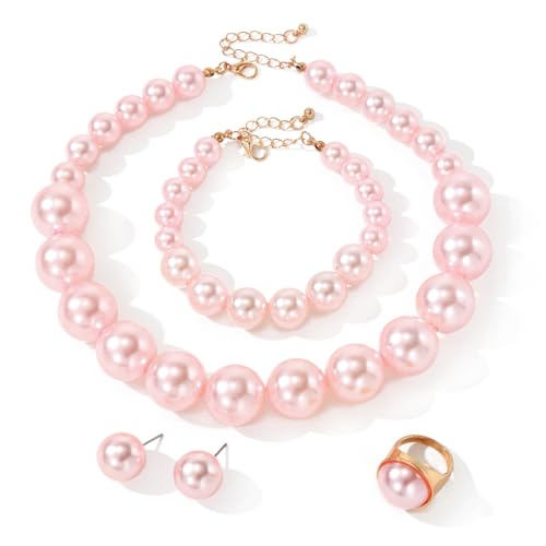 White Faux Pearl Necklace and Earrings Set Big Large Pearl Bead Ball Beaded Choker Necklace Black Pink Pearls Statement Bracelet Ring for Women - color: pink