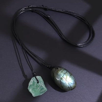 Natural Raw Crystal Necklace for Women Irregular Stone Necklaces Spiritual Gemstone Pendant with Adjustable Rope - color: E-Labradorite+Green Fluorite