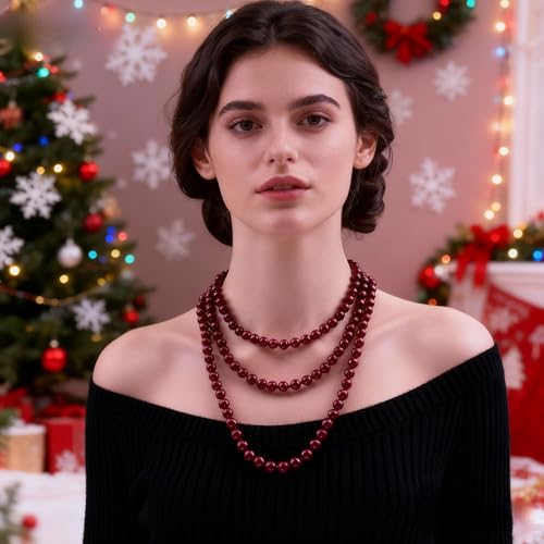 Pearl Necklaces for Women 60'' 70" Long Pearl Necklace 15.75'' Pearl Choker Necklace Chunky Bead Layered Faux Pearl Dangle Wedding Bridal 1920s Gatsby Christmas Costume Jewelry Gifts - color: Wine Red-60''