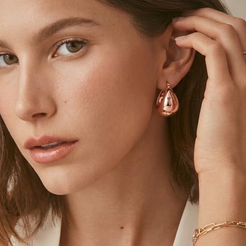OOOPEL Gold Hoop Earrings for Women,925 Sterling Silver Chunky Hoop Earrings Hypoallergenic Lightweight 14K Gold Plated Thick Gold Hoops for Women 22mm 26mm - color: rose gold-26