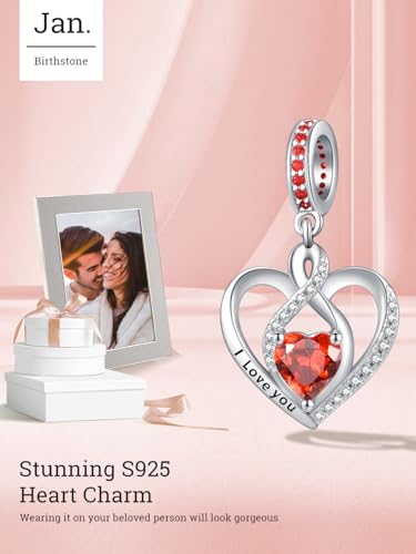 Heart Birthstone Charms for Bracelets, 925 Sterling Silver Women Bead Charms for Charm Bracelets Necklace, Mother's Day Birthday Anniversary Jewelry Gifts for Wife Mom Grandma Daughter - style: Dangle - Jan - Garnet