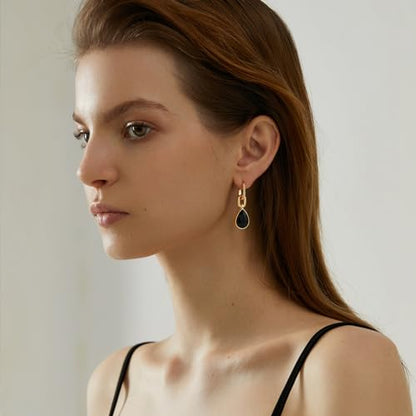 Crystals Teardrop Dangle Drop Earrings, 18K Gold Plated Hoop Earrings Zirconia Jewelry for Women Gifts - color: Black-Long
