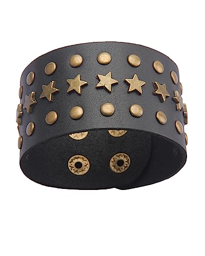 Jeilwiy Punk Leather Wristbands for Men Bracelets Handmade Wide Cuff Bangle Braided Jewelry Black Brown Adjustable - Punk Father's Gifts - color: Star Leather Bracelet