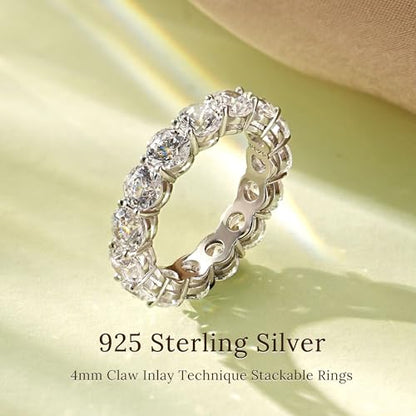 4mm 925 Sterling Silver Rings Gold Engagement Wedding Band Eternity Cubic Zirconia Round Simulated Diamond Stackable Ring for Women - color: Silver