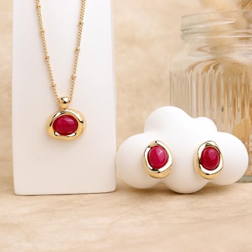 Jean Beau Gold Stone Pendant Necklaces for Women, Chunky Gemstone Dangle Necklace Wedding Prom Fashion Jewelry Gift - color: Fuchsia