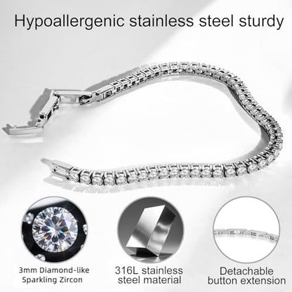 Stainless Steel Adjustable CZ Tennis Bracelet for Women Men | 14K Gold Plated, Round 3mm/4mm/5mm AAAA+ Cubic Zirconia, Dainty Classic, Festival Wedding Jewelry Gift - color: Steel, size: CZ 3mm