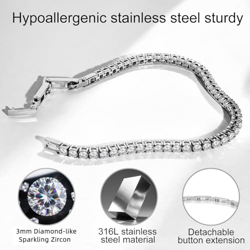 Stainless Steel Adjustable CZ Tennis Bracelet for Women Men | 14K Gold Plated, Round 3mm/4mm/5mm AAAA+ Cubic Zirconia, Dainty Classic, Festival Wedding Jewelry Gift - color: Steel, size: CZ 3mm