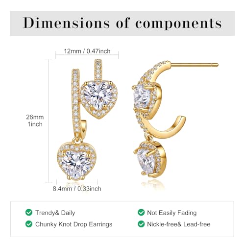 SAVORI 14K Gold Plated Heart CZ Drop Earrings for Women, 925 Sterling Silver Half Hoop Huggie Earrings with Dangling Heart Halo CZ Charm, Hypoallergenic Love Dangle Earrings, Everyday & Bridal Jewelry Gifts - color: Gold