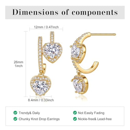 SAVORI 14K Gold Plated Heart CZ Drop Earrings for Women, 925 Sterling Silver Half Hoop Huggie Earrings with Dangling Heart Halo CZ Charm, Hypoallergenic Love Dangle Earrings, Everyday & Bridal Jewelry Gifts - color: Gold