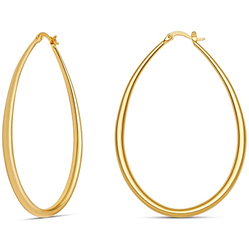 Milla Oval Hoop Earrings for Women | Elegant Polished 14K Gold, Rose Gold or Silver Plated Hoops with Secure Latch Closure, Hypoallergenic & Lightweight - color: 14K Gold Plated / 2.6 in - LARGE