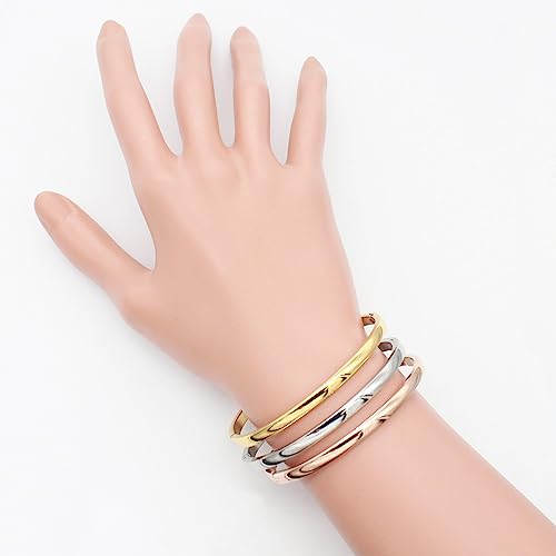 4 mm Width Stainless Steel Plain Bangle Polished Finish Oval Shape Classic 7 Inches Bracelet Silver Gold and Rose Gold 3 Pieces Set
