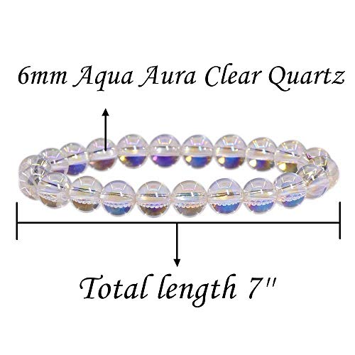 Angelstones Gemstones 6mm Round Beads Healing Crystal Bracelet for women | Natural Gemstone, Handmade Gifts for Women, Healing Crystal Round Beaded Stretch Bracelets, Unisex Jewelry for Women and Men - color: Aqua Aura Clear Quartz