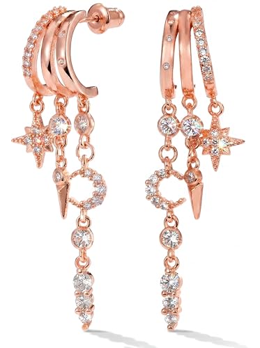 Gold Earrings for Women Trendy 14K Gold Plated Dangle Earrings Small Hoop Huggie Drop Stud Earrings Cubic Zirconia Simple Minimalist Dainty Chain Tassel Hypoallergenic Earrings - color: Celestial & Rose Gold