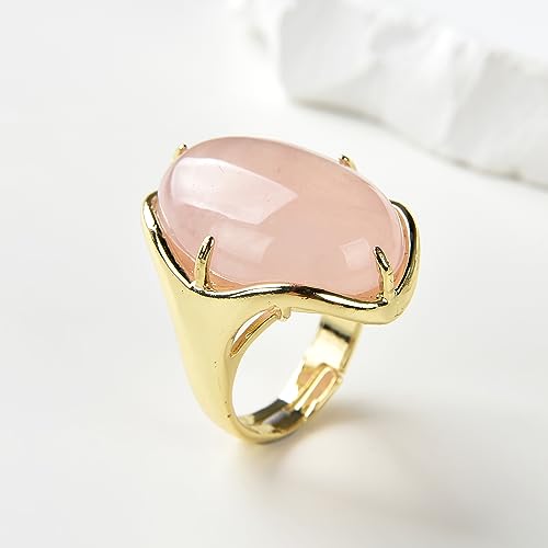 Natural Stone Adjustable Finger Rings Semi Precious Oval Shaped Gemstone Jewelry For Women Anniversary Birthday Wedding Gift - color: Rose Quartz