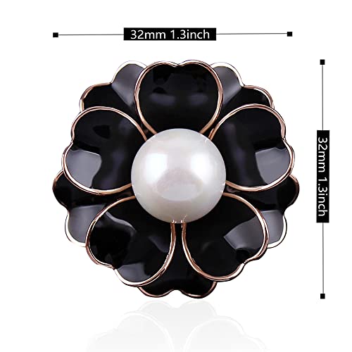 Women Camellia Flower Pearl Enamel Brooch Pins for Ladies Jewelry Fashion - color: Black