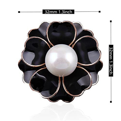 Women Camellia Flower Pearl Enamel Brooch Pins for Ladies Jewelry Fashion - color: Black