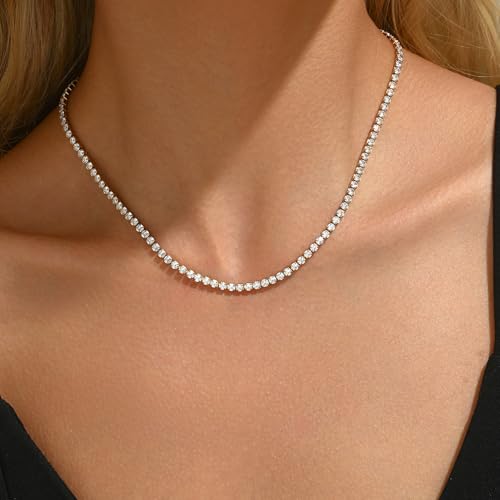 3mm Cubic Zirconia Tennis Necklace for Women, Dainty Adjustable 18K Gold Plated/Silver CZ Tennis Necklace, Hypoallergenic Iced Out Everyday Jewelry Gift for Her Wedding Party - color: 42cm Tennis Necklace-Gold