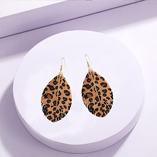 YUNXI Large Genuine Soft Leather Handmade Fringe Feather Lightweight Leaf with Simple Drop Metal Bar Tear Drop Dangle Color Earrings for Women - color: Leopard