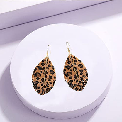 YUNXI Large Genuine Soft Leather Handmade Fringe Feather Lightweight Leaf with Simple Drop Metal Bar Tear Drop Dangle Color Earrings for Women - color: Leopard