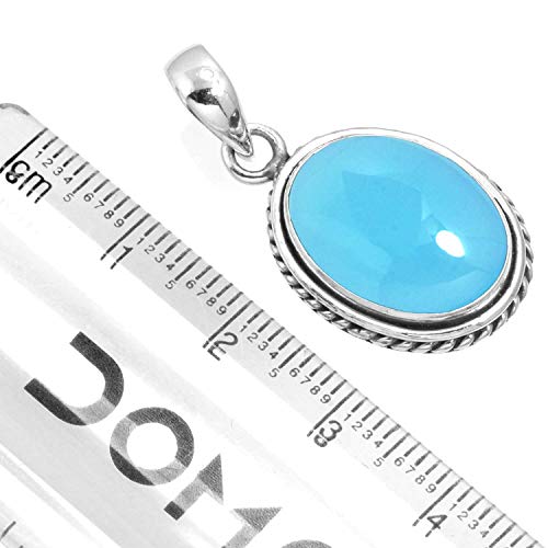 Chunky Natural Gemstone Pendant Necklace For Women Onyx, Turquoise, Amber, Garnet Oval Boho Genuine 925 Sterling Silver Handmade Jewelry - color: Blue Chalcedony